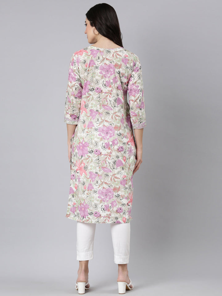Neerus Purple floral printed straight kurta - side view