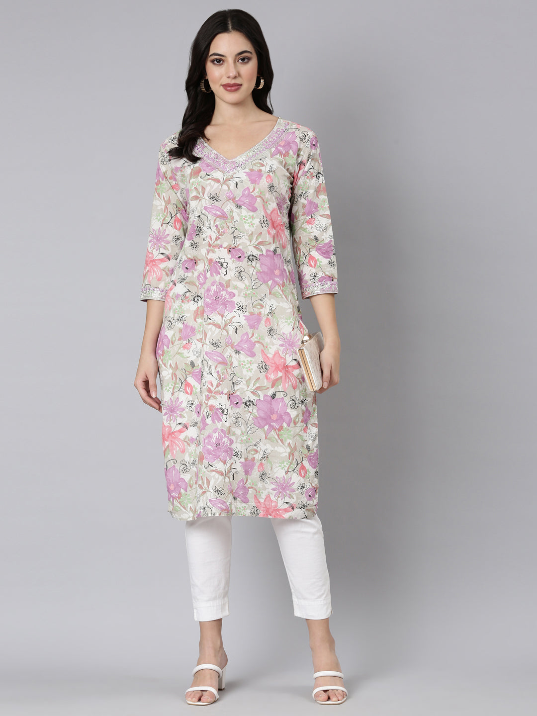 Neerus Purple floral printed straight kurta - detail view 1