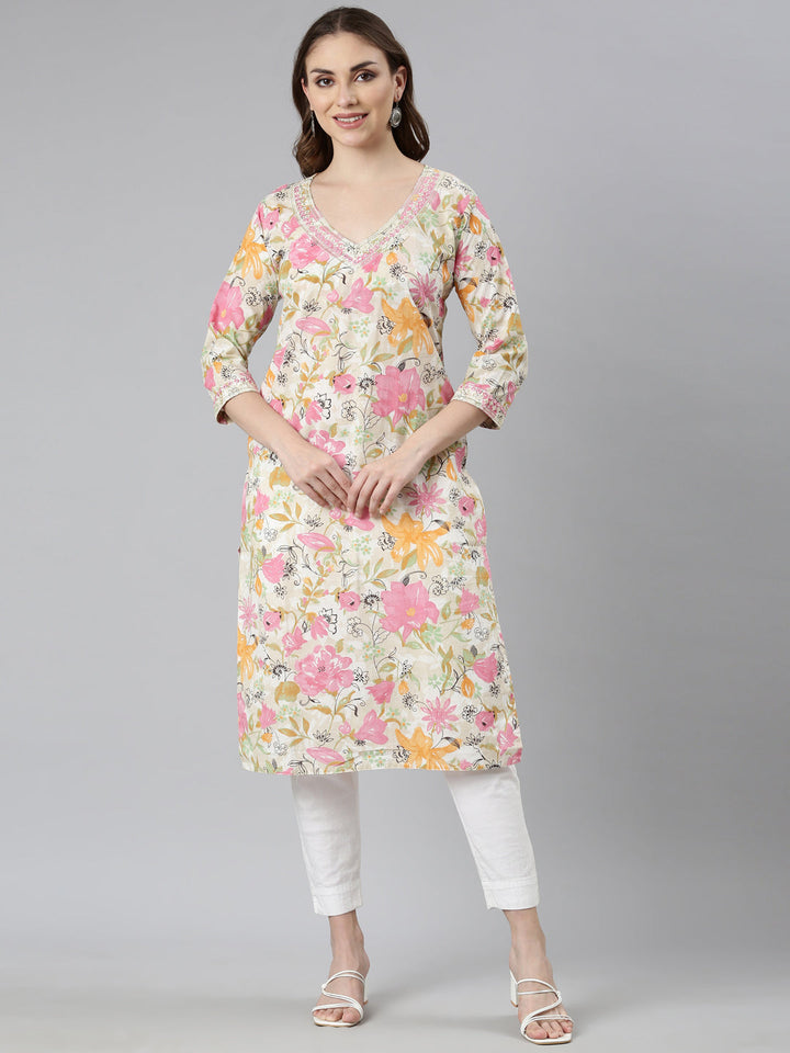 Neerus Pink floral printed straight kurta - front view