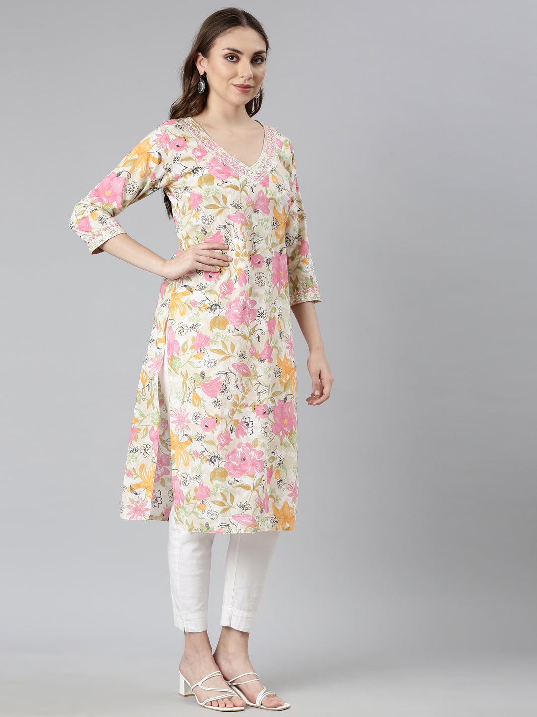 Neerus Pink floral printed straight kurta - back view