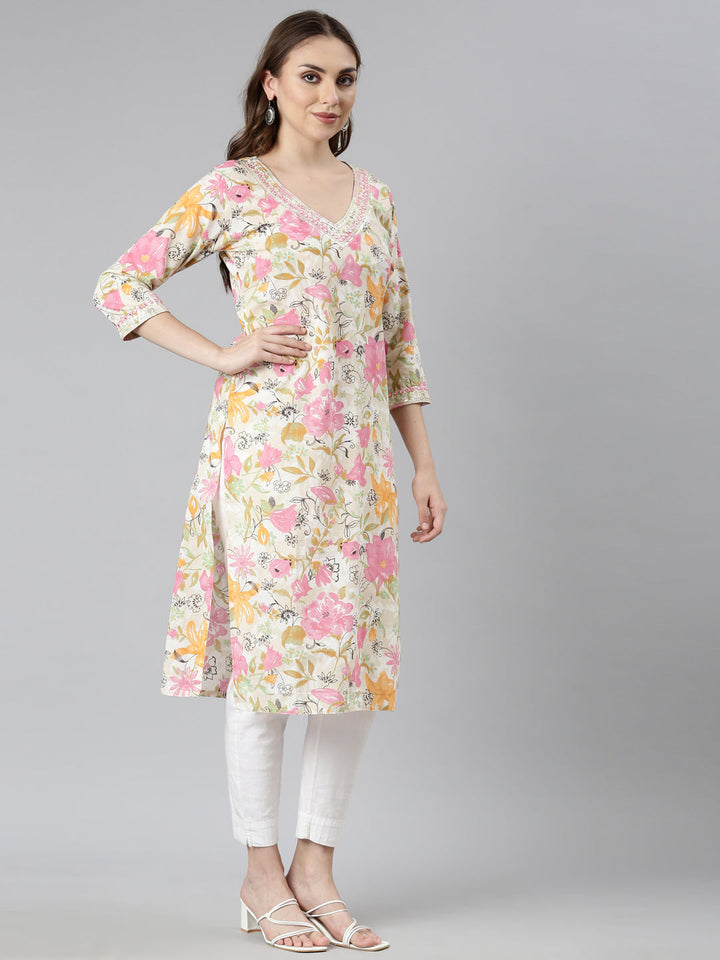 Neerus Pink floral printed straight kurta - back view