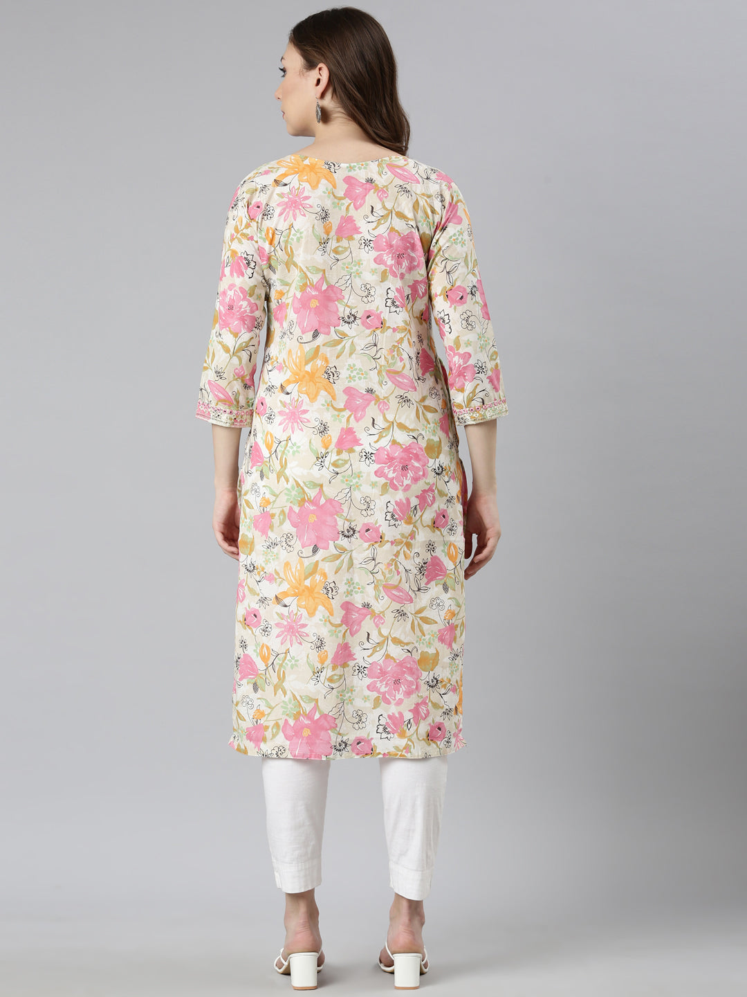Neerus Pink floral printed straight kurta - side view