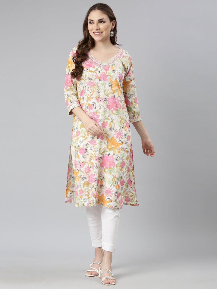 Neerus Pink floral printed straight kurta - detail view 1