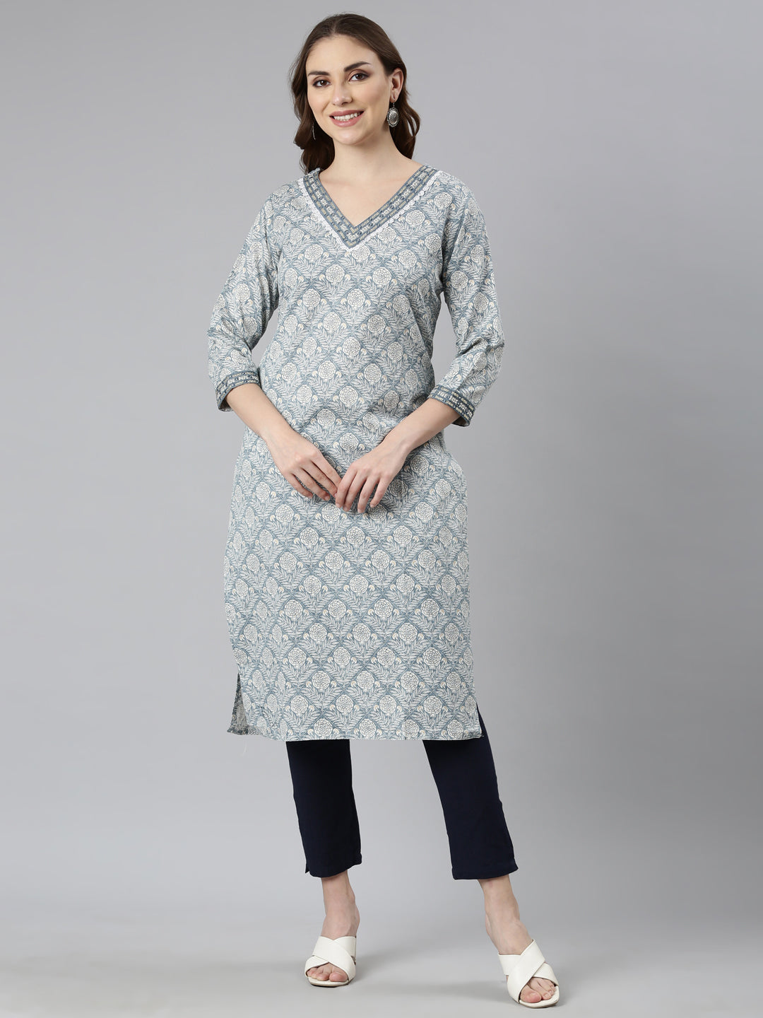 Neerus Grey floral printed straight kurti - front view
