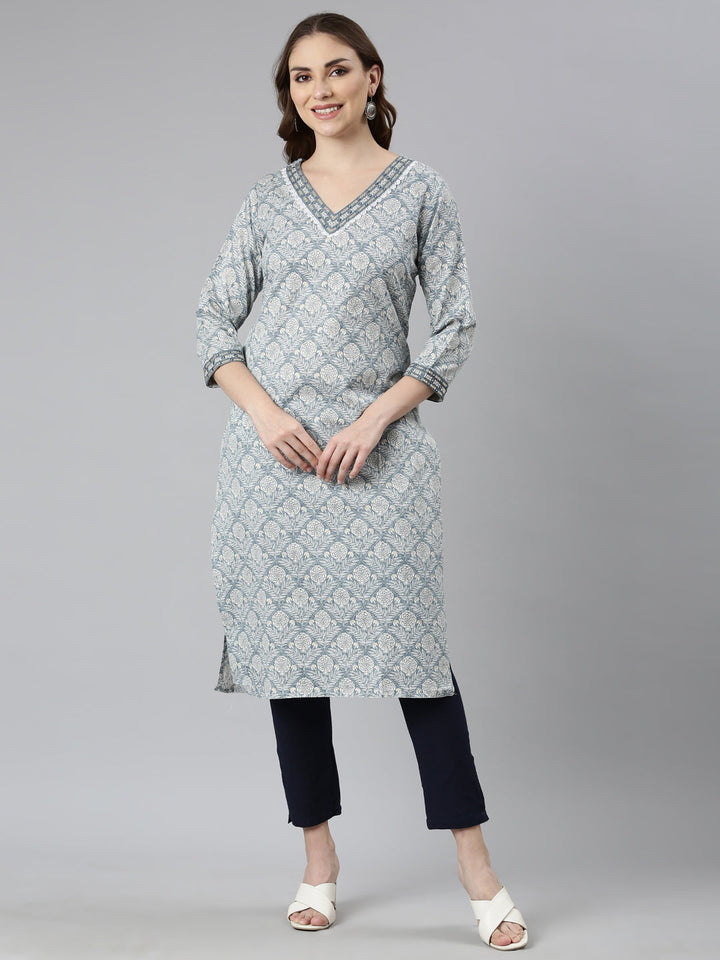 Neerus Grey floral printed straight kurti - front view