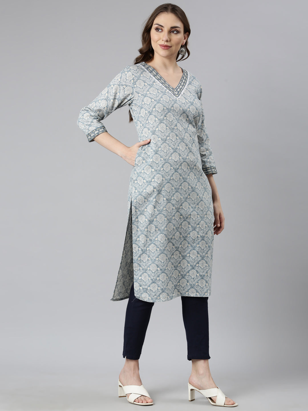 Neerus Grey floral printed straight kurti - back view