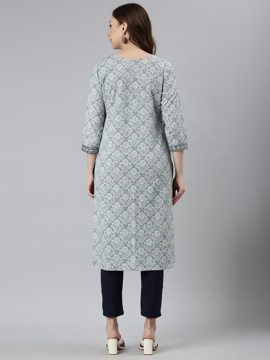 Neerus Grey floral printed straight kurti - side view