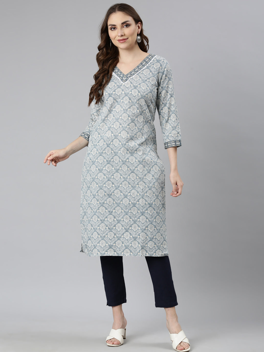 Neerus Grey floral printed straight kurti - detail view 1