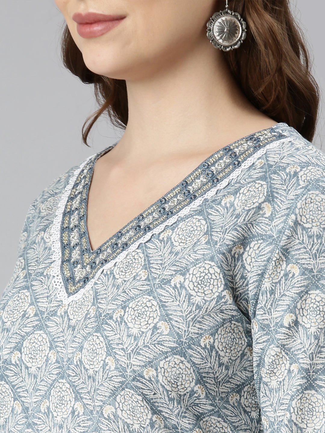 Neerus Grey floral printed straight kurti - detail view 2