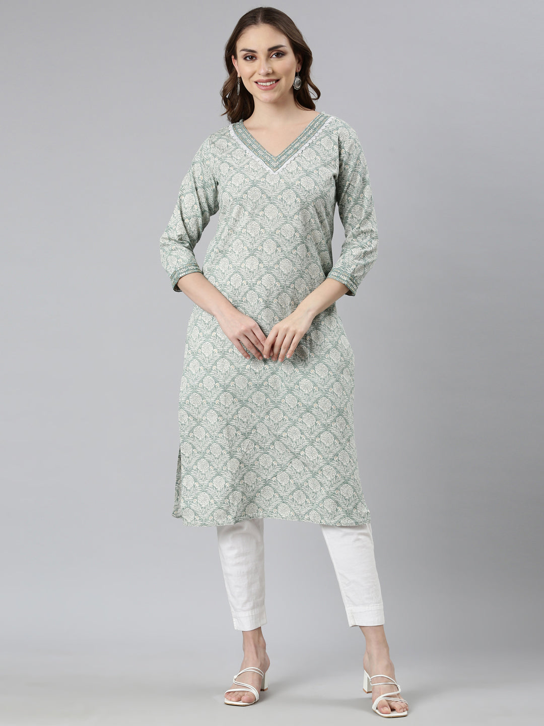 Neerus Green floral printed straight kurti - front view