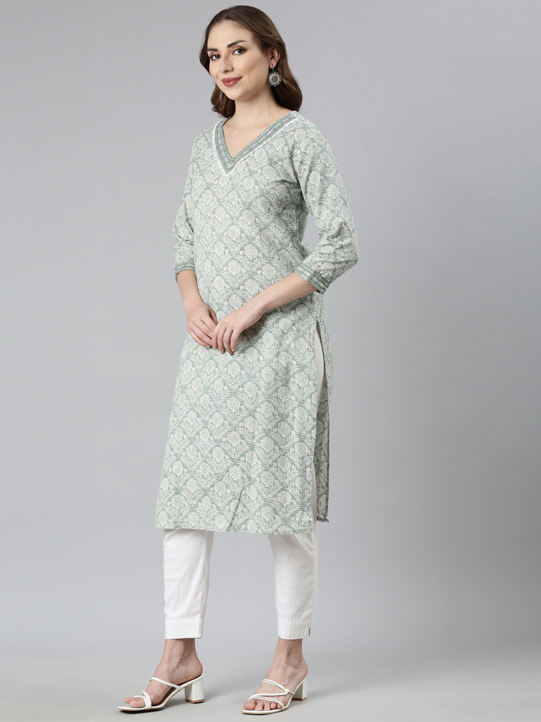 Neerus Green floral printed straight kurti - back view