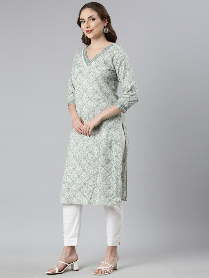 Neerus Green floral printed straight kurti - back view