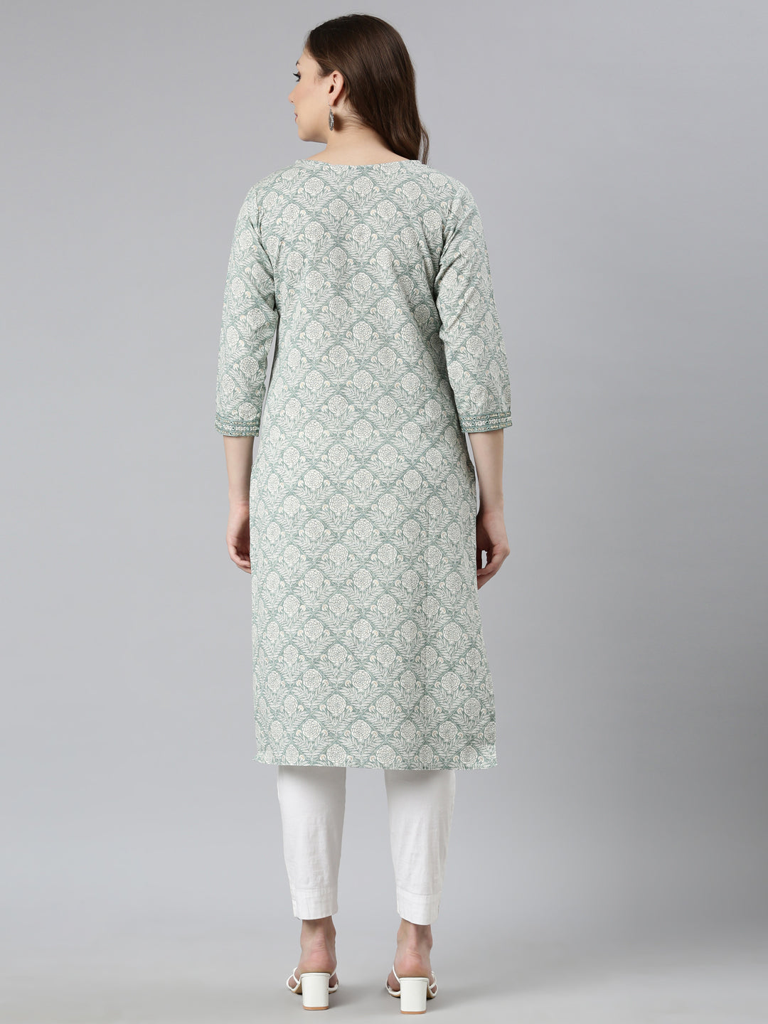 Neerus Green floral printed straight kurti - side view
