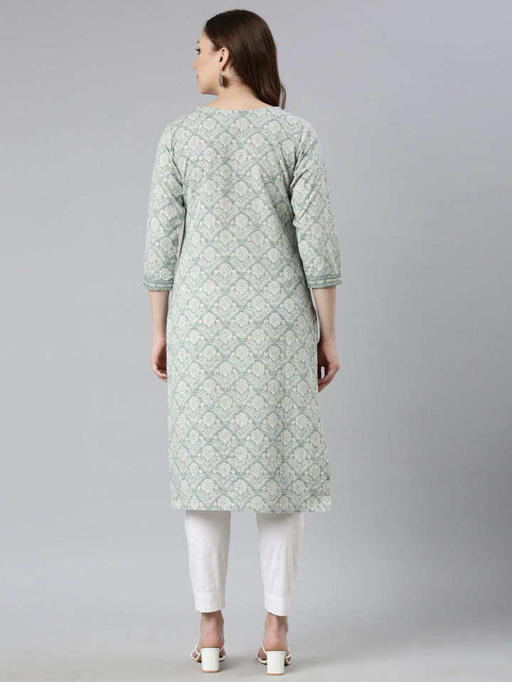 Neerus Green floral printed straight kurti - side view