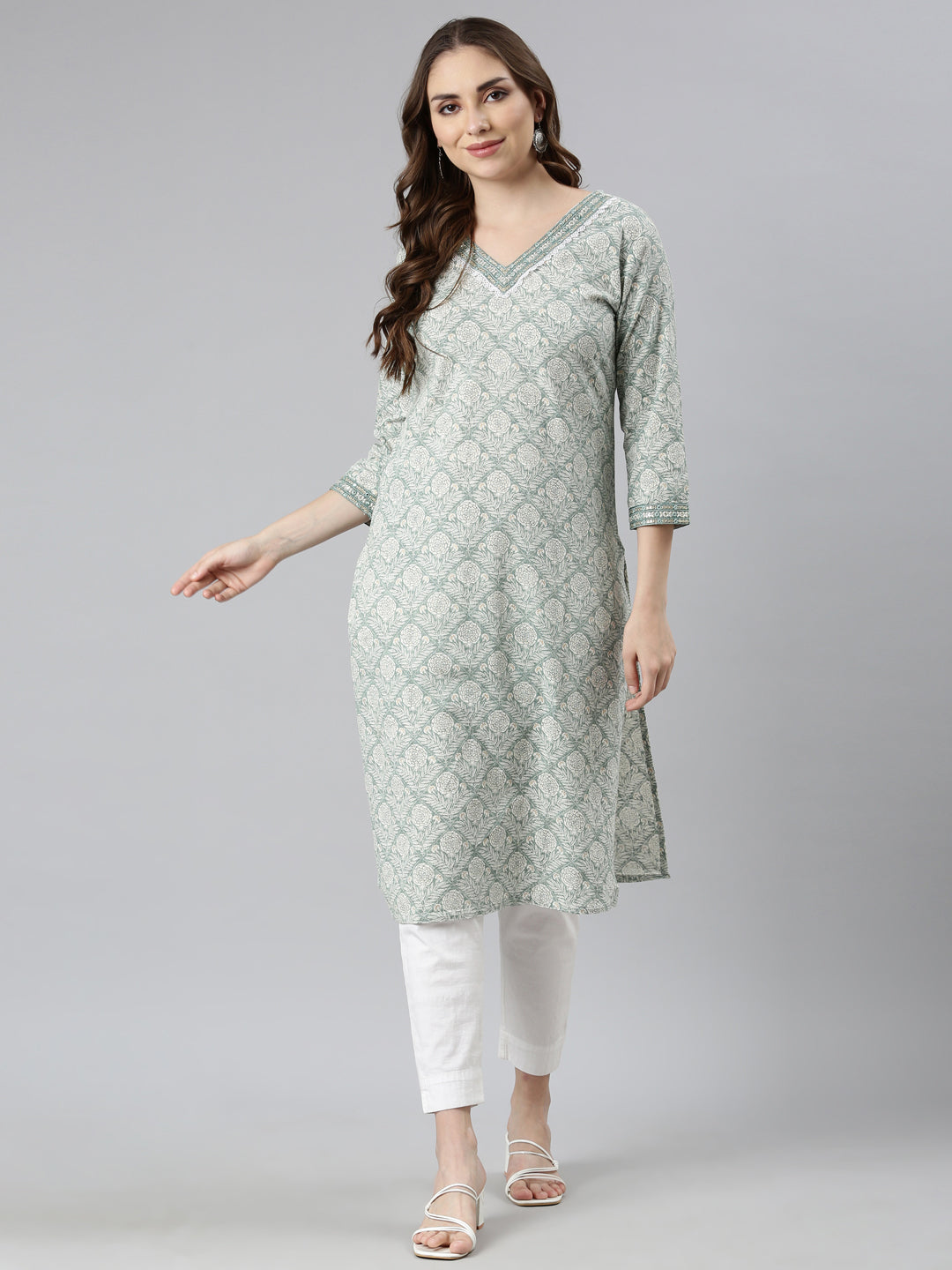 Neerus Green floral printed straight kurti - detail view 1