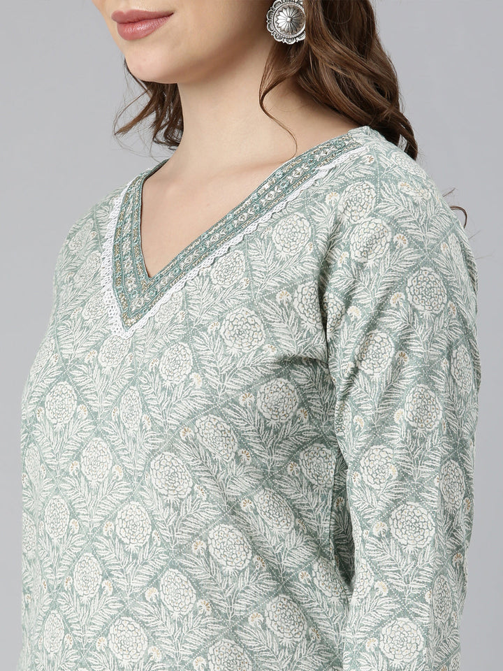 Neerus Green floral printed straight kurti - detail view 2