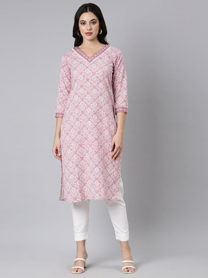 Neerus Pink floral printed straight kurti - front view