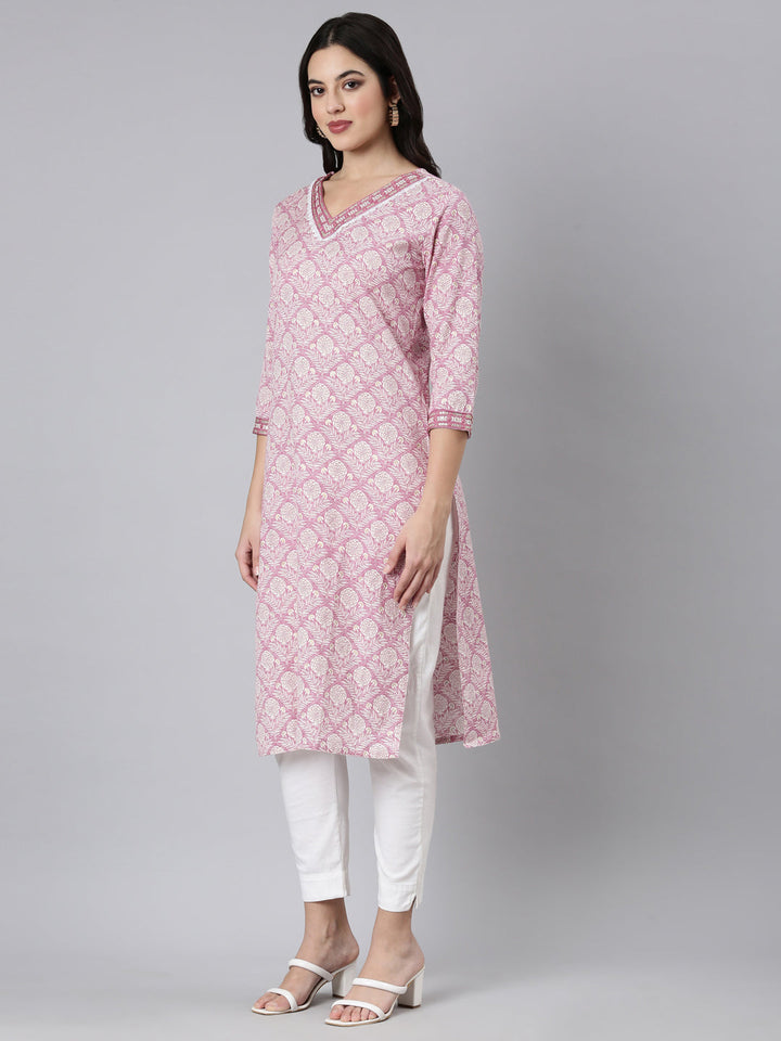 Neerus Pink floral printed straight kurti - back view