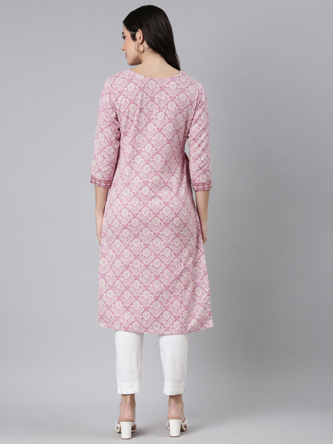 Neerus Pink floral printed straight kurti - side view