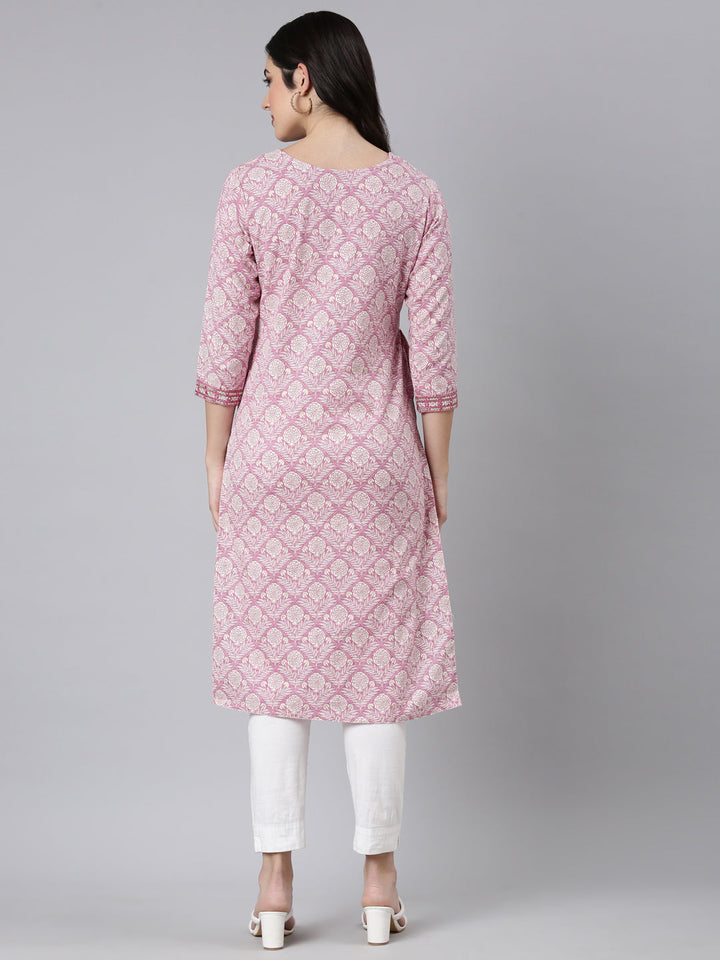 Neerus Pink floral printed straight kurti - side view