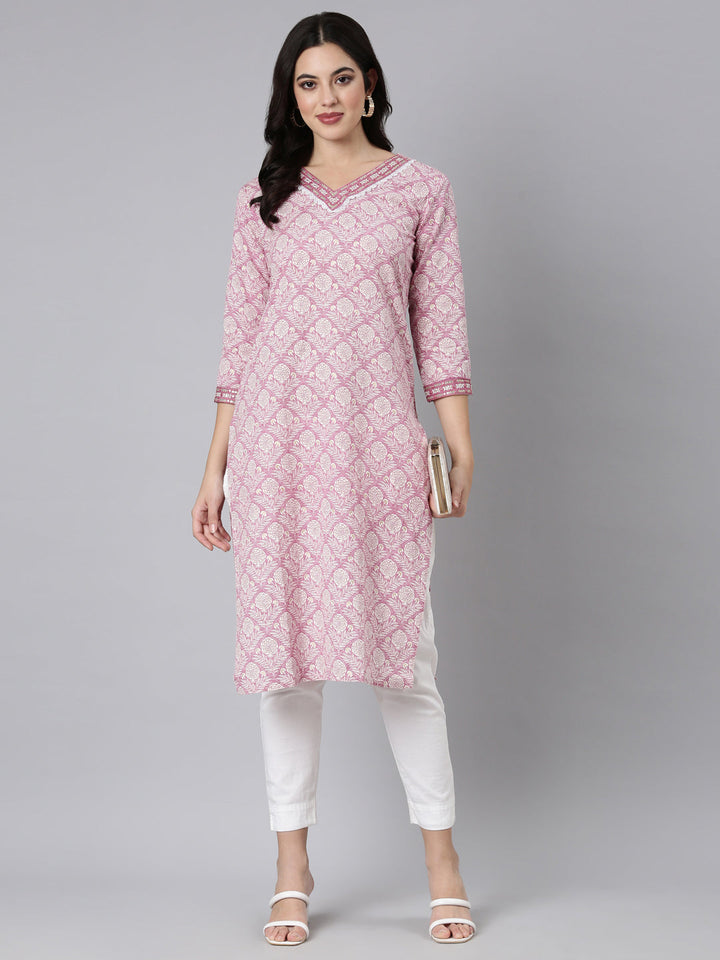 Neerus Pink floral printed straight kurti - detail view 1