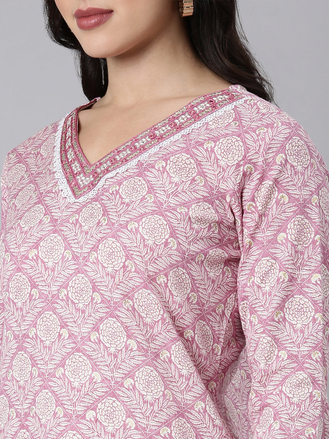 Neerus Pink floral printed straight kurti - detail view 2