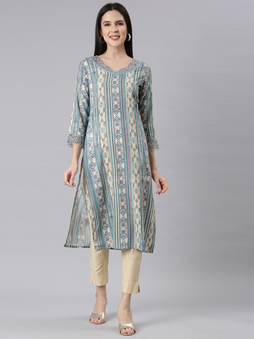 Neerus Blue printed chevron straight kurti - front view