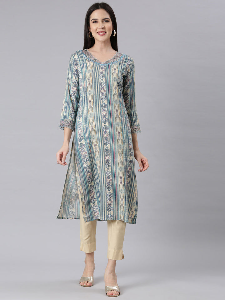 Neerus Blue printed chevron straight kurti - front view