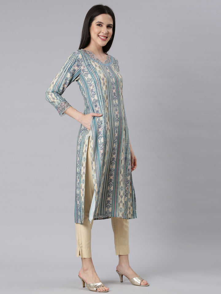 Neerus Blue printed chevron straight kurti - back view