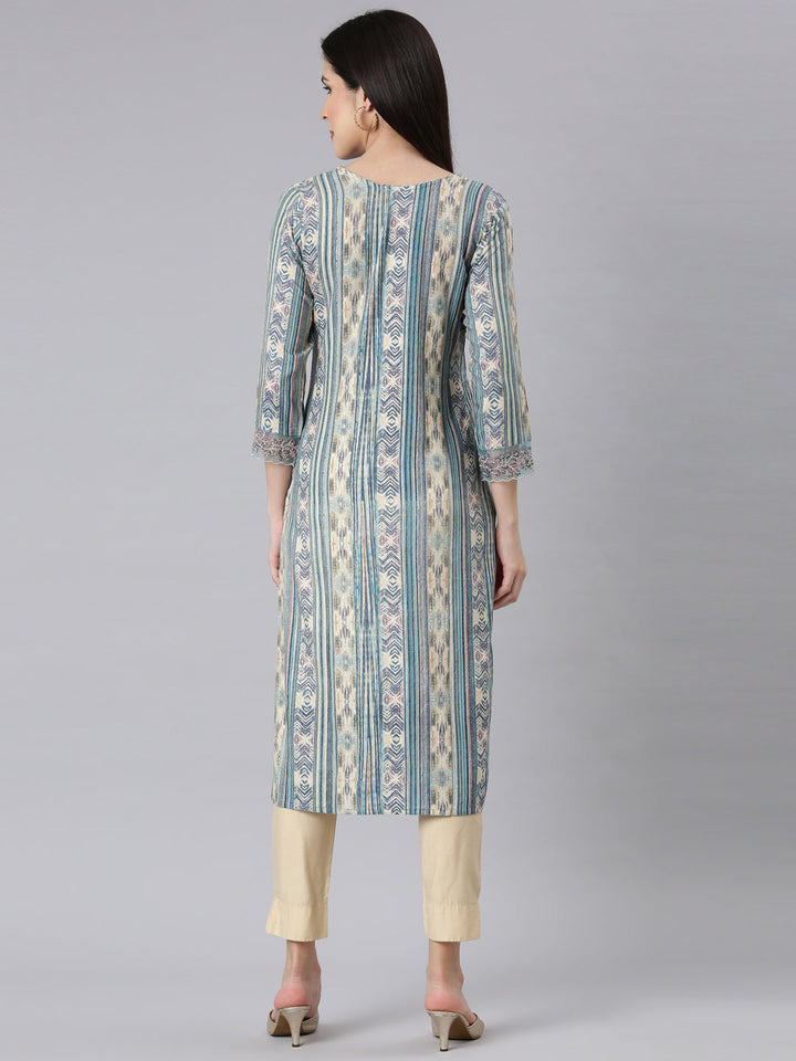 Neerus Blue printed chevron straight kurti - side view