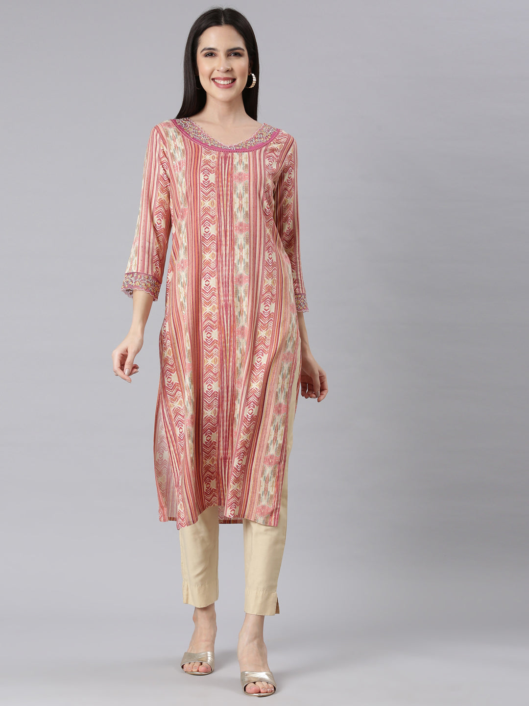 Neerus Pink chevron printed straight kurti - front view