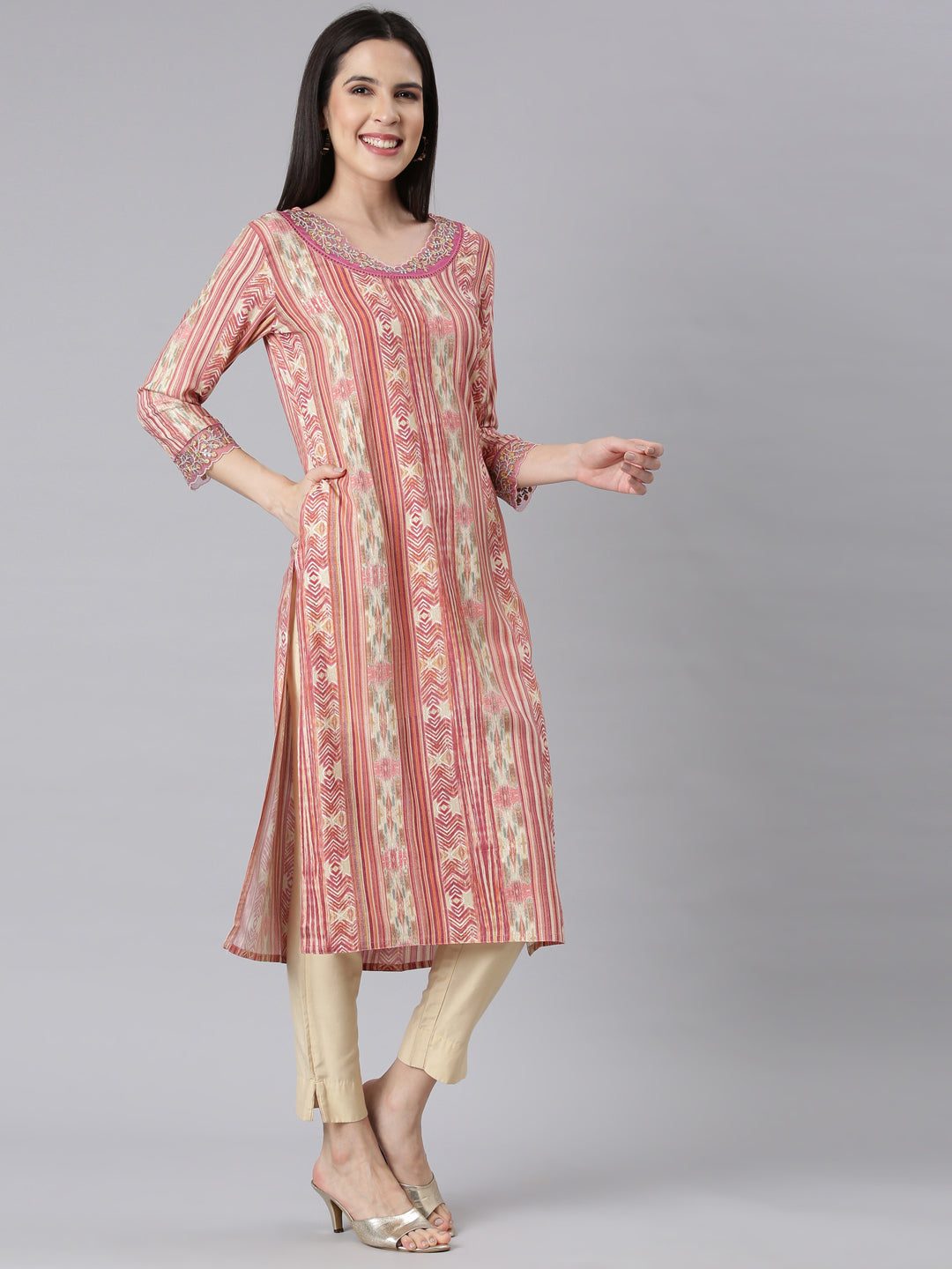Neerus Pink chevron printed straight kurti - back view