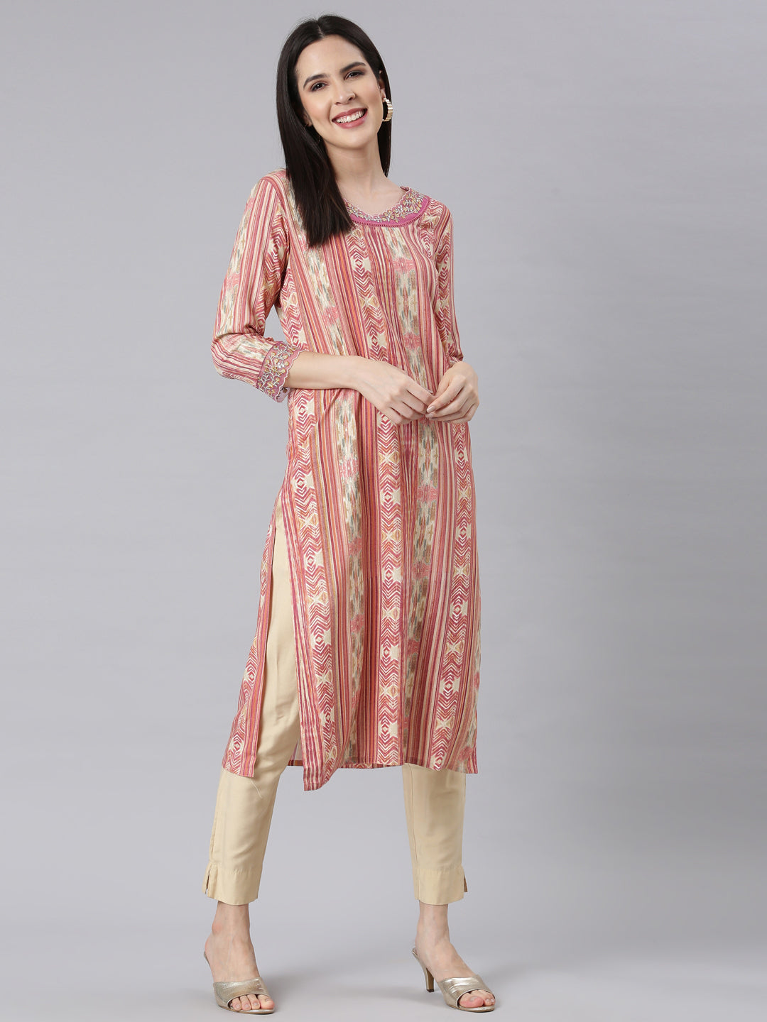 Neerus Pink chevron printed straight kurti - detail view 1