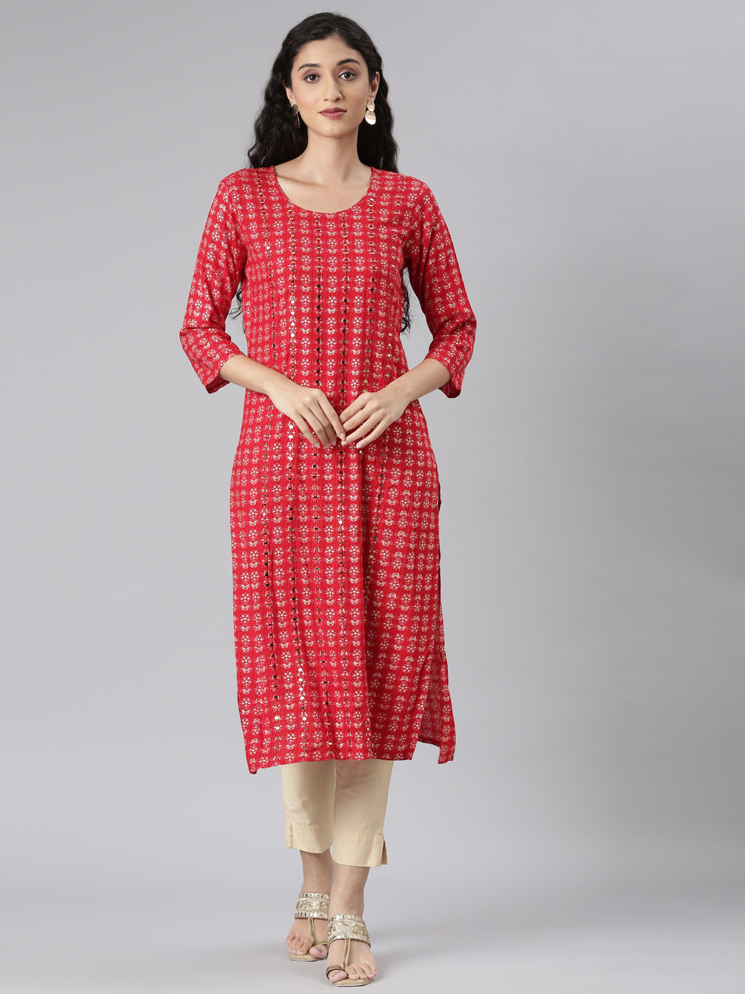 Neerus Red viscose rayon printed straight kurta - front view