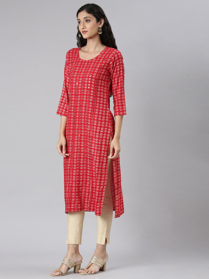 Neerus Red viscose rayon printed straight kurta - back view