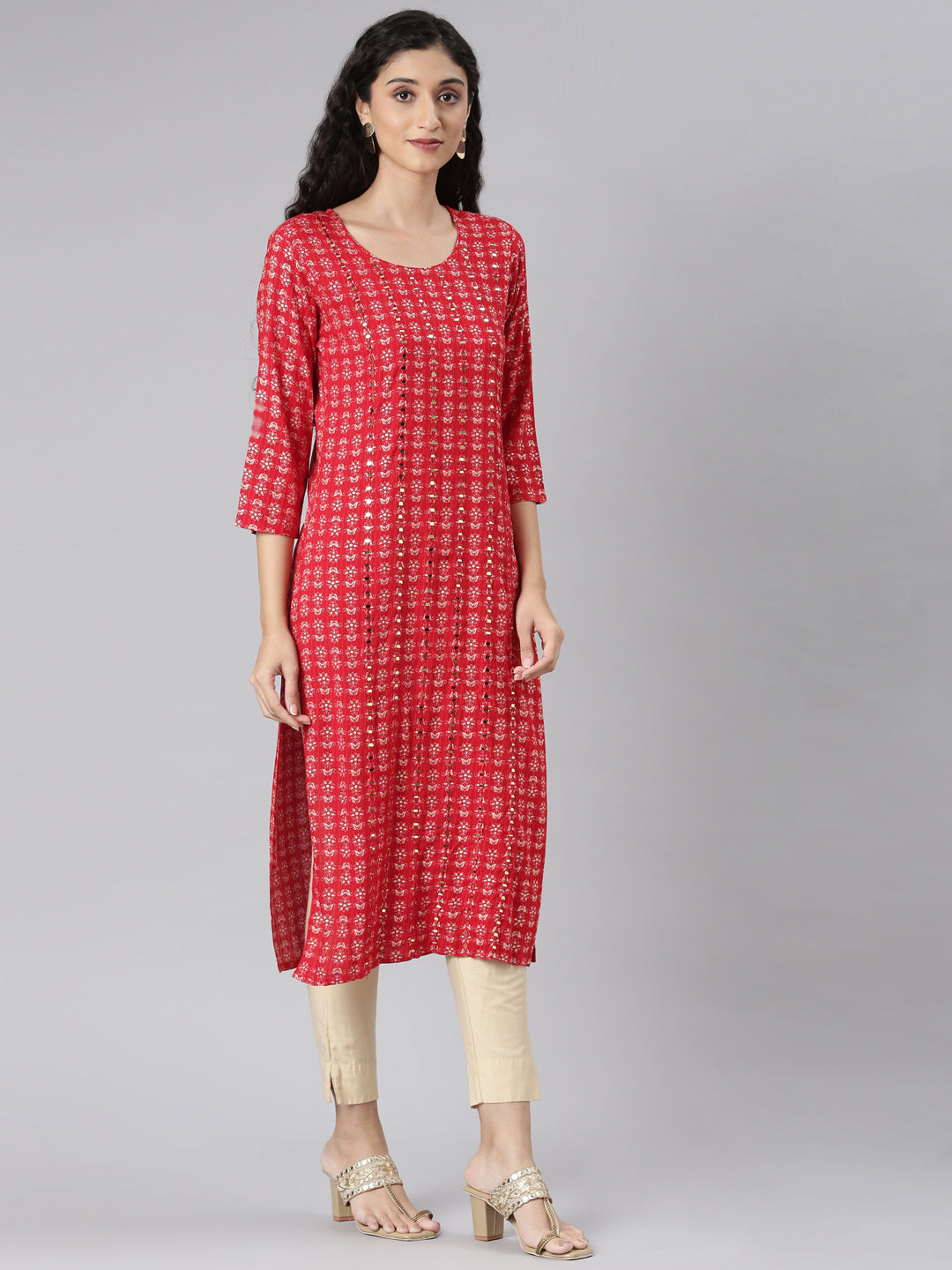 Neerus Red viscose rayon printed straight kurta - side view