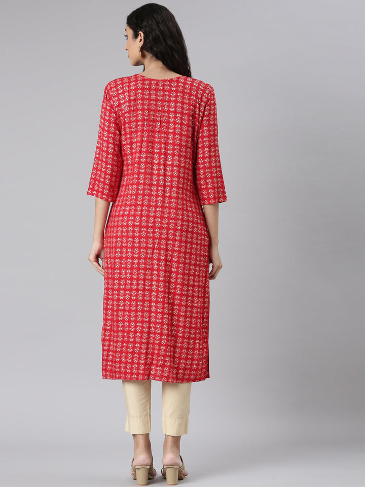 Neerus Red viscose rayon printed straight kurta - detail view 1