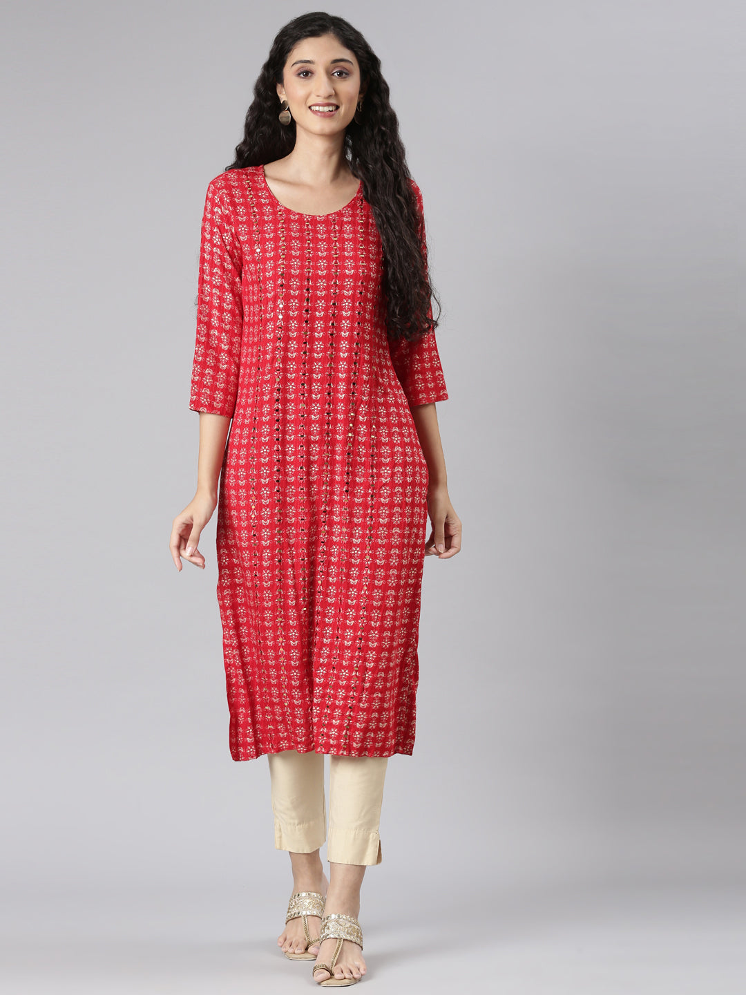 Neerus Red viscose rayon printed straight kurta - detail view 3