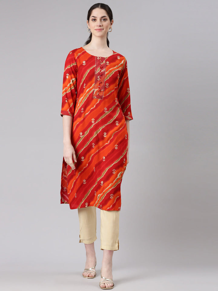 Neerus Orange printed striped straight kurta - front view
