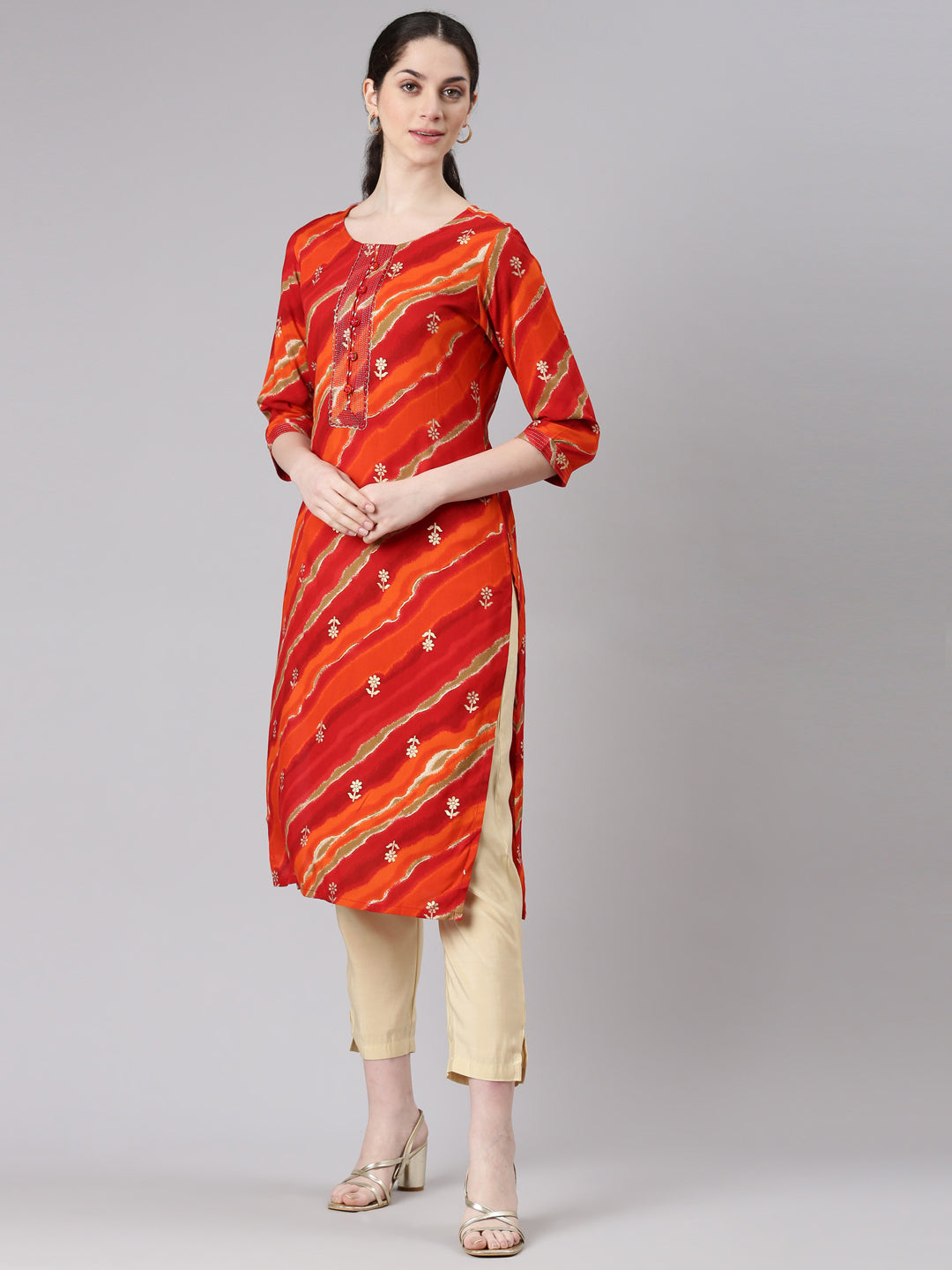 Neerus Orange printed striped straight kurta - back view