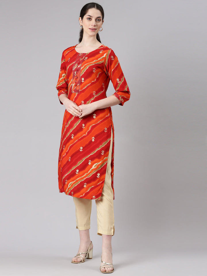 Neerus Orange printed striped straight kurta - back view