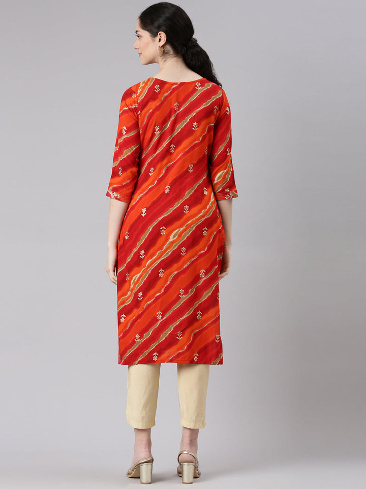 Neerus Orange printed striped straight kurta - side view