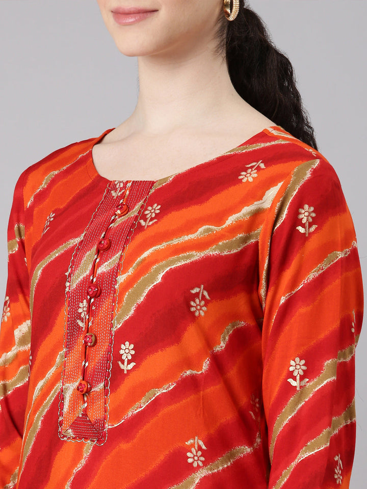 Neerus Orange printed striped straight kurta - detail view 1