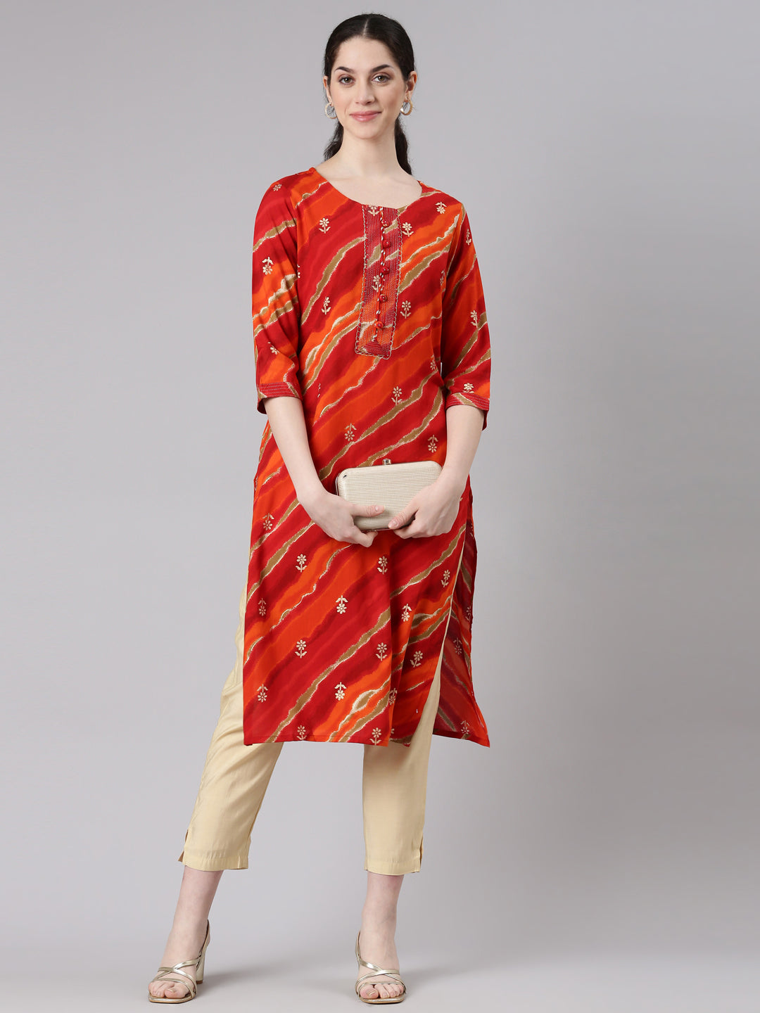 Neerus Orange printed striped straight kurta - detail view 2
