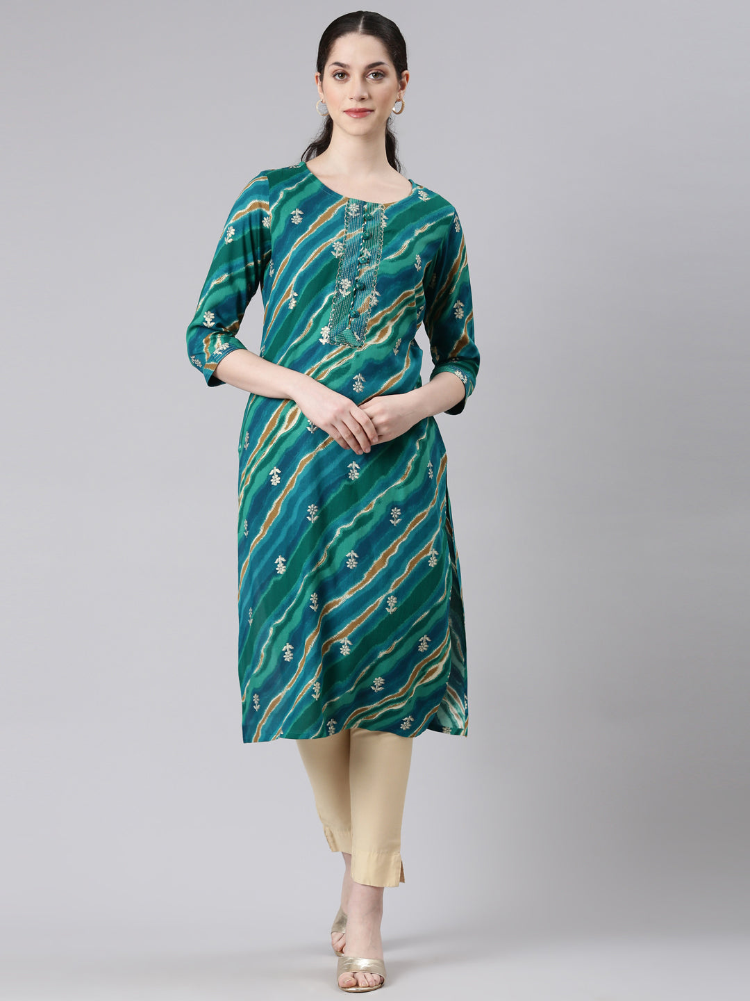Neerus Green printed striped straight kurta - front view