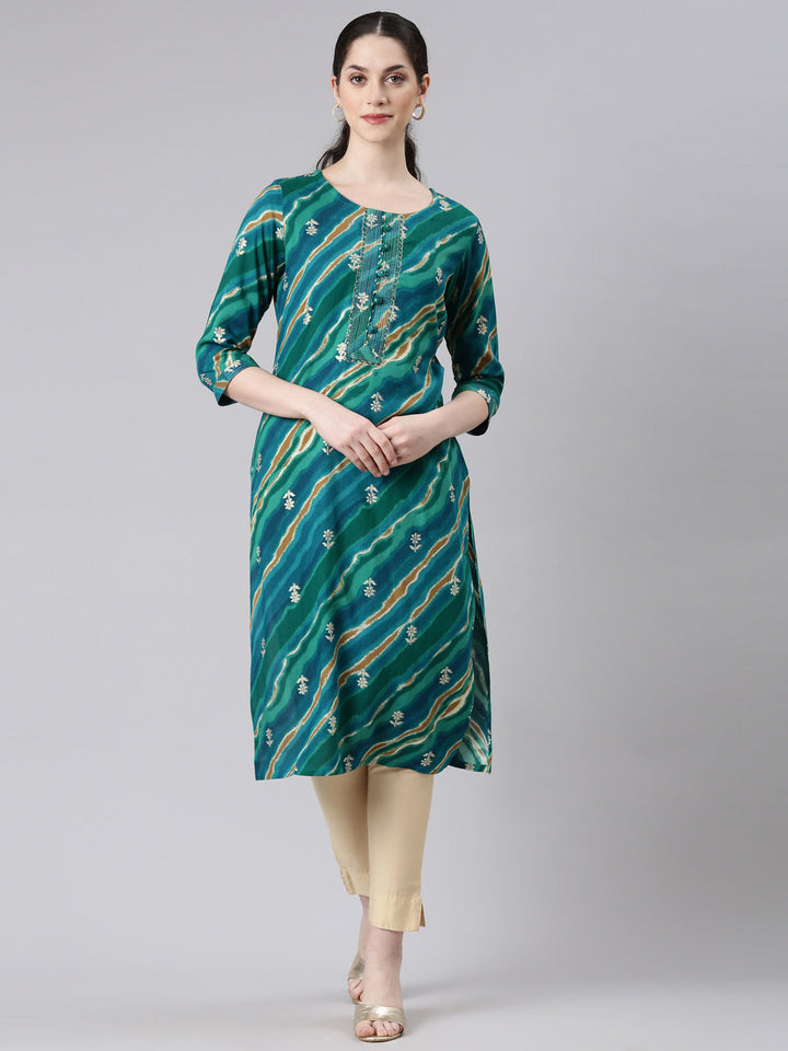 Neerus Green printed striped straight kurta - front view