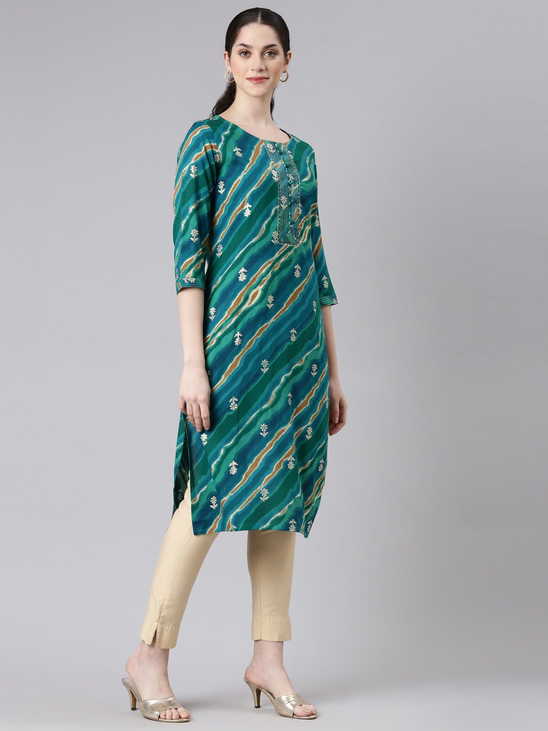 Neerus Green printed striped straight kurta - back view