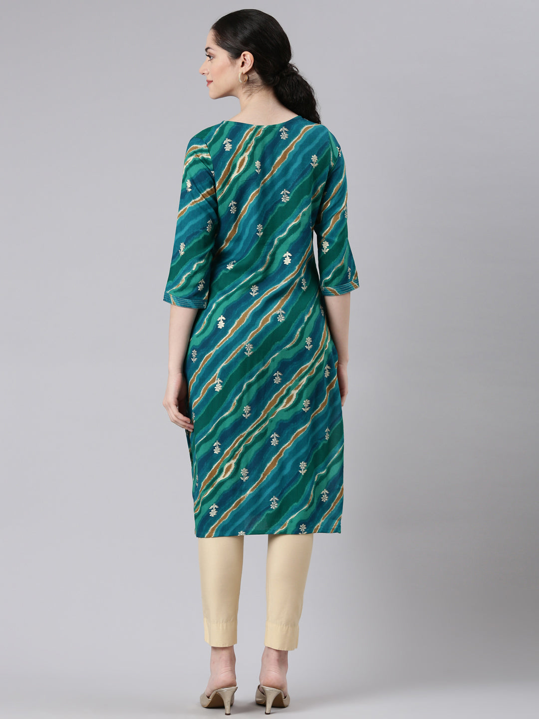 Neerus Green printed striped straight kurta - side view