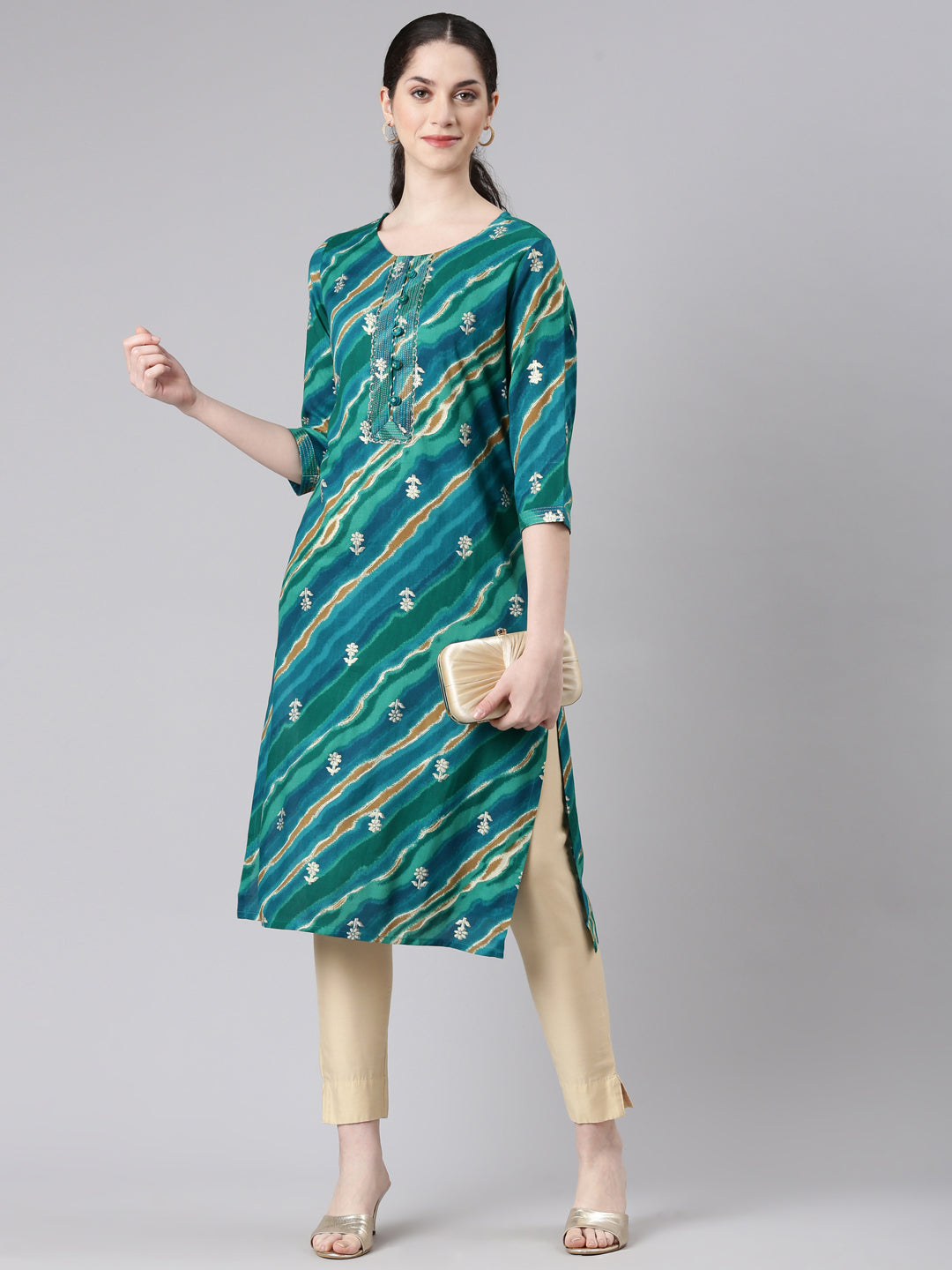 Neerus Green printed striped straight kurta - detail view 2