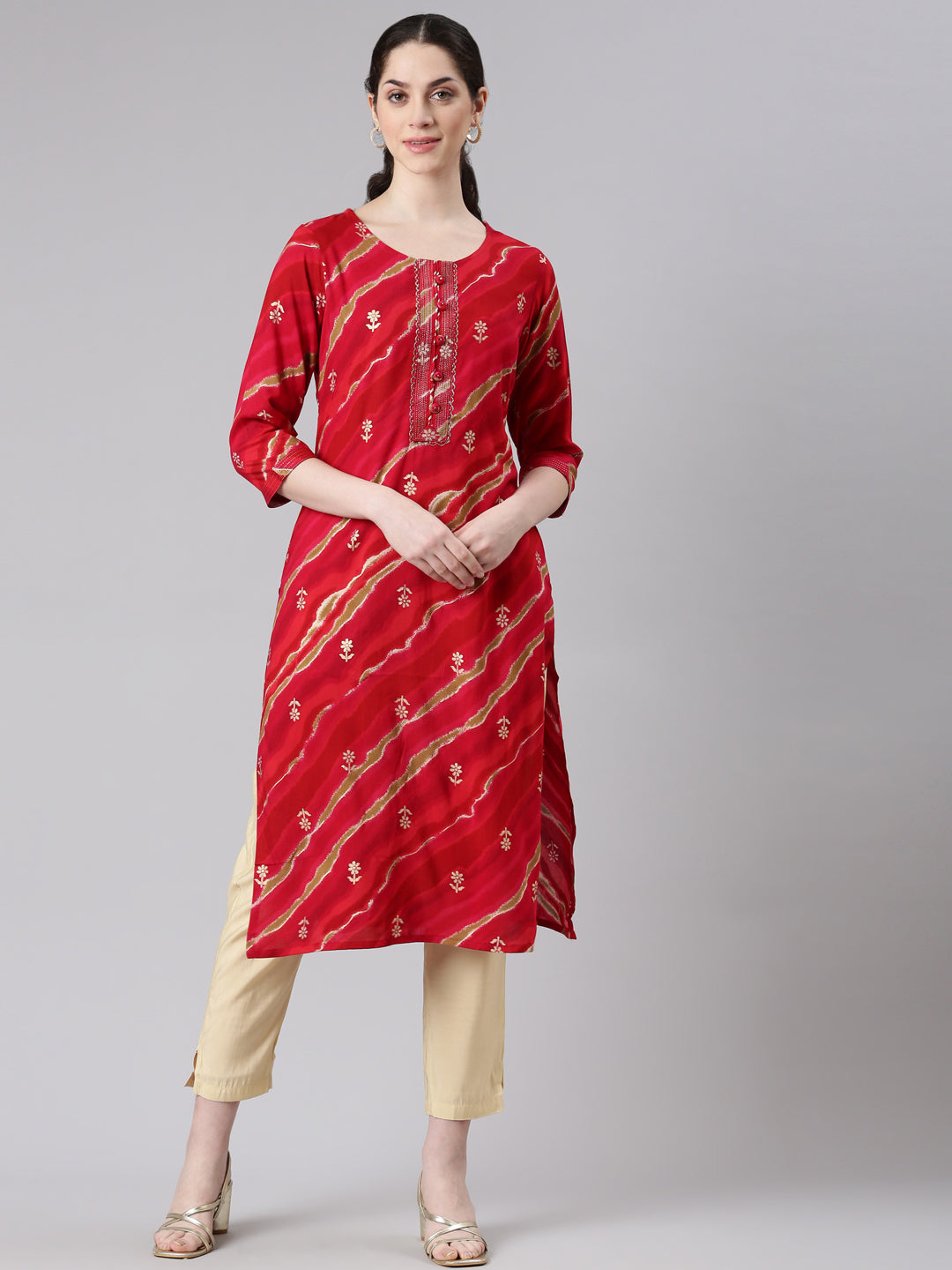 Neerus Red printed striped straight kurta - front view